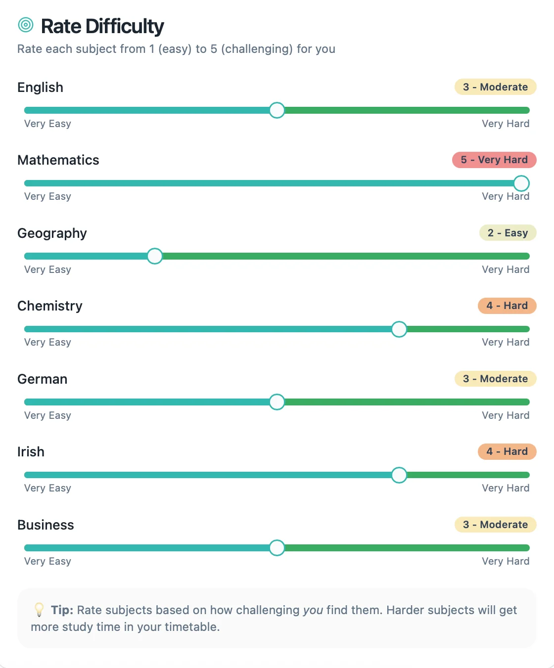 Step 2 — Rate subject difficulty